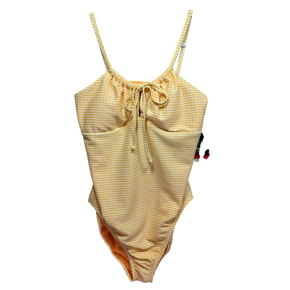 New Speedo Textured One Piece Swimsuit Sz 12 Keyhole Tie Neck Seersucker Yellow